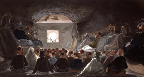 Espetáculo de marionetas numa escola na Argélia, c.1830 (aguarela)