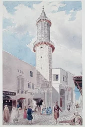 O Minarete da Mesquita da Rue de Chartres e Rue Bab-Azoun, Argel (aguarela sobre papel)