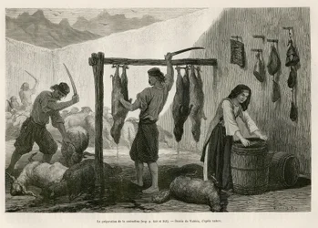 A preparação da castradina, especialidade de carne de ovelha e cabra salgada e fumada, perto do fim de outubro, na Dalmácia (Ístria e Herzegovina (Croácia)), desenho de Valerio para ilustrar a viagem ao Montenegro, em 1874, de Charles Yriarte