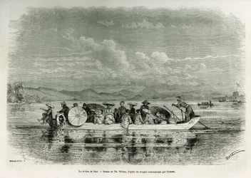 Um barco no rio Hue (Vietname), desenhado por Th. Weber, para ilustrar a história de oito dias de embaixada em Hue (Reino de Annam), em 1875, pelo Sr. Brossard de Corbigny, tenente (N), ligado à missão. Gravação em Le tour du monde