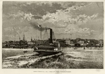 Chegada a Victoria, Canadá. Gravado por Th.Weber, para ilustrar a história "the Transcanadien et l