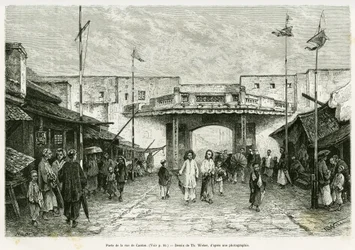 Canton Street Gate em Hanoi. Gravação de Th. Weber, a partir de uma fotografia, para ilustrar a história Trente mois au Tonkin em 1884, do Doutor Hocquard, no tour du monde 1889, sob a direção de Edouard Charton (1807-1890), Hachette, Paris.