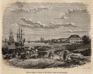 La rade de Saigon, gravado após um desenho de T. Weber, ilustrando a viagem a Cochinchine, do Dr. Morice, em 1872, publicado em "Le tour du monde" 1875, editado por Edouard Charton, edição Hachette, Paris. Coleção Selva.