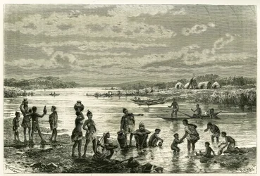 A vida nas margens do rio Zambeze, os marutses estão muito preocupados com a sua limpeza e a lavagem para eles é uma actividade de primeira necessidade. Gravação de Th. Weber, para ilustrar a história "Au pays des Marutses", em 1875-1879, do Dr. Emile Holu