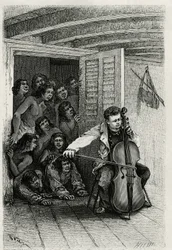 Retrato do autor viajante, tocando violoncelo e atraindo um público de curiosos. Gravura de Th.Weber, para ilustrar a história "Les Iles Wallis", do Dr. Emile Deschamps, médico major da 80ª infantaria. Publicado em Le Tour du monde, nou