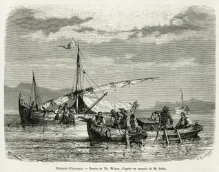 Pescadores espongiformes no Golfo de Nafplio, desenho de Th. Weber, para ilustrar a história de uma viagem à Grécia em 1861.1868 e 1874, de Henri Belle. Gravura em Le tour du monde
