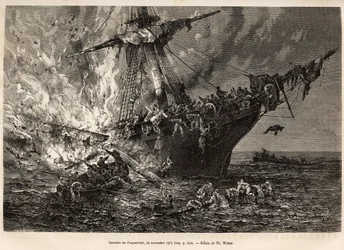 O incêndio do Cospatrick, um navio britânico que transportava mais de 400 emigrantes para a Nova Zelândia, em 19 de Novembro de 1874, gravado após um desenho de T. Weber, ilustrando o estudo das tempestades e viagens, pelo Sr. Zurcher e Sr. Margolle, em 18