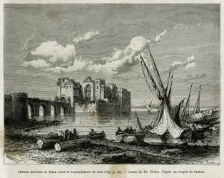 O castelo marítimo de Sidon antes do bombardeamento de 1840. Gravação de Th. Weber, para ilustrar a história La Syria d