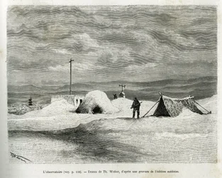 O observatório meteorológico foi instalado na baía de Koljutschin (círculo polar), enquanto o navio La Vega foi apanhado no gelo e a tripulação se preparava para a invernada. Gravado por Th.Weber, para ilustrar a história "Viagem do Vega pela Ásia a