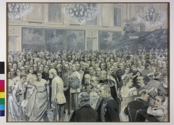 O imperador Francisco José saúda Francisca, condessa de Sternberg-Larisch, e Maria Theresia, condessa de Harrach Taxis