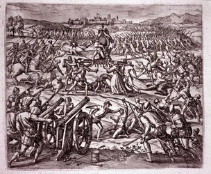 Um monge dominicano, sentindo-se ridicularizado pelo rei inca Atahualpa (Atabaliba), encoraja Francisco Pizarro a buscar vingança (Gravura