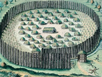 Uma vila indígena fortificada, Ilustração de The Discourse of Florida, de Theodore de Bry, gravura