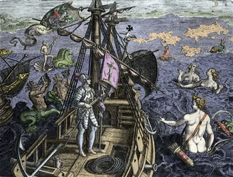 Allegorie des voyages de Christopher Columbus (1451-1506), gravura de "Historia Americae sive Novi Orbis" de Theodor de Bry (1527-1598), Amsterdam 1594