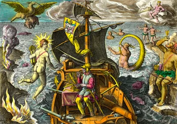 Alegoria nas viagens do navegador Fernand de Magalhães (1480-1521), retrata no seu navio usando uma esfera armilar e rodeia personagens mitológicos e animais fantásticos. Gravura de "Admirante Narratio Americae" de Theodore de Bry (1528-159)