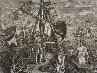 Alegoria da viagem de Cristóvão Colombo à descoberta do Novo Mundo, gravura de Theodor de Bry (1528-1598)