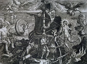 Alegoria das viagens de Fernão de Magalhães (1480-1521), gravada por Theodor de Bry (1528-1598)