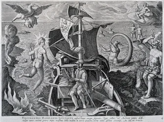 Alegoria sobre as viagens de Fernão de Magalhães (1480-1521), por Theodor de Bry (1528-1598)