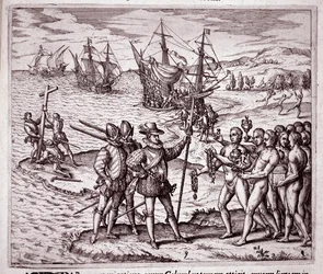 Chegada de Cristóvão Colombo à ilha de Hispaniola, nas Índias Ocidentais (Gravura