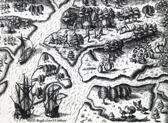 Chegada do francês a Port Royal em 1564, por Theodor de Bry (1528-1598) da pintura de Jacques le Moyne de Morgues (ca. 1533- antes de 1588), gravura