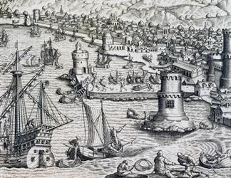 Chegada de Girolamo Benzoni ao porto de La Palma, gravura de Historia Americae, de Theodor de Bry (1528-1598), Frankfurt