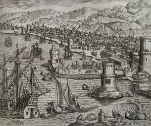 Chegada de Girolamo Benzoni ao porto de Las Palmas durante sua viagem às Américas (1541), Ilhas Canárias, gravura de Theodor de Bry (1528-1598)