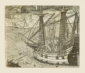 Bartolomeo Diaz pendurando alguns indianos na caravela, gravura de Theodor de Bry (1528-1598) de Americae pars quarta, sive, Insignis et admiranda historia de reperta primum Occidentali Índia Christophoro Columbo, de Girolamo Benzoni