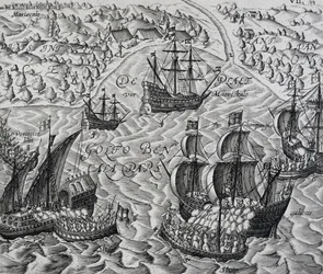 Batalha em frente da cidade de Matical na Baía de Bengala, gravura de Indiae Orientalis, de Theodor de Bry (1528-1598)