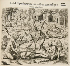 Por causa da sede espanhola de ouro, os índios despejam ouro líquido neles. De: Americae pars qv