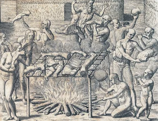 Canibalismo de tribos no interior do Brasil, gravura de História Americana de Theodore de Bry (1528-1598), Frankfurt, América do Sul