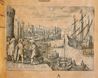 Caravelas partindo para o Novo Mundo, Espanha, gravadas por Theodor de Bry (1528-1598)