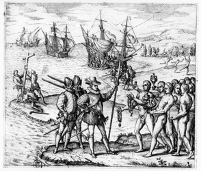 Cristóvão Colombo (1451-1506) recebendo presentes do cacique Guacanagari em Hispaniola (Haiti), de «Americae Tertia Pars IV», 1594