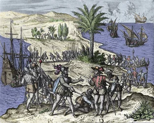 Cristóvão Colombo e seu irmão foram presos por Francisco de Bobadilla em 1500. Gravura de Théodore de Bry (1528-1598).