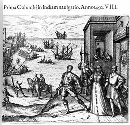 Cristóvão Colombo e os irmãos Pinzon deixam o porto de Palos, na Espanha, em 08/03/1492, para o Novo Mundo. À direita O Rei e Rainha de Portugal Fernão de Aragão e Isabel Iere de Castela. Gravura de Theodore de Bry em "Admirante