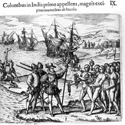 Cristóvão Colombo chega às Índias Ocidentais. Gravura de Theodore de Bry em "Admirante Narratio - Americae".