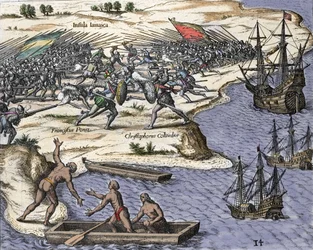 A quarta viagem de Cristóvão Colombo à Jamaica em 1502-1504: batalha contra Francisco Poraz. Gravura de "Historia Americae sive Novi Orbis" de Theodor de Bry (1527-1598), Amsterdam 1594.