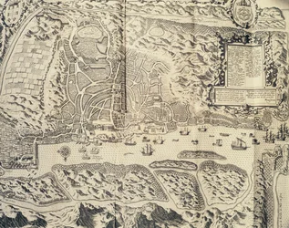 Cidade de Goa na Índia, Gravura de Theodor de Bry (1528-1598) do relato de viagem do marinheiro Jan Huyghen van Linschoten à Índia Oriental portuguesa (1579-1592),século XVI