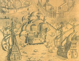 Clash Between French and Portuguese Ships in the Atlantic Ocean for possession of Brazil, Ilustração da História Americana por Theodore de Bry