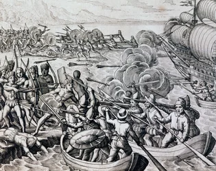 Clash entre índios nativos e tropas espanholas, gravura de Historia Americae, de Theodor de Bry (1528-1598), Frankfurt
