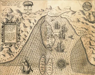 Costa de Moçambique das Índias Orientais, de Johannes Hugonis Linschooten e Theodore de Bry, gravura