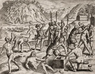 Descrição dos crimes infligidos aos índios por colonos espanhóis - Conquistadores massacrando uma aldeia indígena. Amputations des mains - Gravura de Theodore de Bry em "Narratio regionum indicarum per Hispanos quosdam devastatarum verissima" de Bartolome 