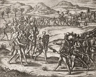 Descrição dos crimes infligidos aos índios pelos colonos espanhóis - Índios trazendo presentes e ouro aos Conquistadores - Gravura de Theodore de Bry em "Narratio regionum indicarum per Hispanos quosdam devastatarum verissima" de Bartolome de las Casas (