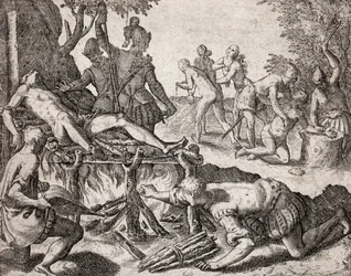 Descrição dos crimes cometidos a índios por colonos espanhóis - Cena de tortura de índios por conquistadores espanhóis. Tortura na grelha, amputação de mãos - Gravura de Theodore de Bry em “” Narratio regionum indicarum per Hispanos quosdam devastataru
