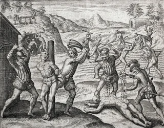 Descrição de crimes infligidos a índios por colonos espanhóis - Espanhóis torturando índios - Gravura de Theodore de Bry em “Brevisima Relacion de la Destruction de las Indias” ”por Bartolome de las Casas (1484-1566)