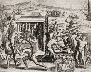 Descrição dos crimes infligidos aos índios por colonos espanhóis - Conquistadores espanhóis fazendo os índios trabalhar e maltratando-os - Índios antropófagos - Gravura de Theodore de Bry em "Narratio regionum indicarum per Hispanos quosdam devastatarum ve