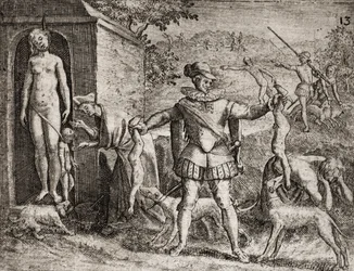 Descrição dos crimes infligidos aos índios por colonos espanhóis - Conquistadores espanhóis a massacrar mulheres e crianças índias. Enforcamentos. Crianças atiradas aos cães - Gravura de Théodore de Bry em «Narratio regionum Indicarum per Hispanos quosdam