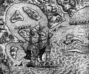 Descoberta da América - em "Admirante Narratio Americae" por Theodore de Bry