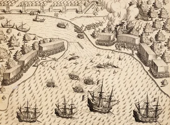 Holandês chegando à Ilha Madura, Java, gravura de obra India Orientalis, de Theodor de Bry (1528-1598), Indonésia
