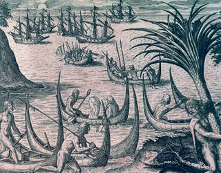 Navios holandeses no Estreito de Magalhães, gravura da História americana de Theodore de Bry (1528-1598), Frankfurt
