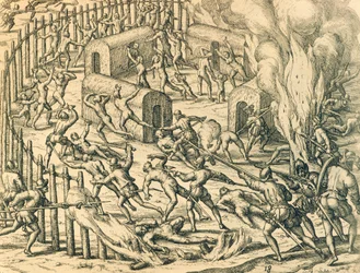 Conquistadores Europeus Atacando uma aldeia indígena, Ilustração da História Americana por Theodore de Bry