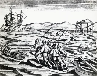 Expedição liderada por William Barents (ca. 1550-1597) em busca da Passagem Nordeste, de Peregrinationes, por Theodor de Bry (1528-1598), gravando